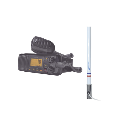 Kit de radio UM385BK | mas antena marina de fibra de vidrio TX-5101SYS/10M fabricada en fibra de vidrio con base roscable de acero inoxidable | UM-385BK/KIT5101
