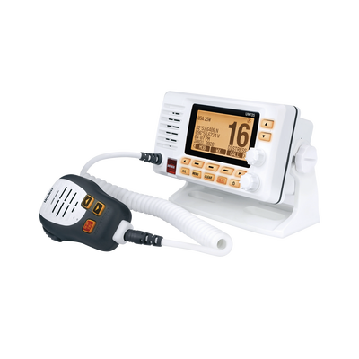 Radio Móvil Marino VHF, color blanco con receptor de GPS integrado, puerto de conexión NMEA 2000, 25W de potencia de RF, sumergible IPX8. | UM-725G