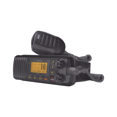 Radio Móvil Marino VHF, color negro, 25 W de potencia, sumergible IPX4, rango de frecuencia.: Tx: 156.025-157.425 MHz, Rx: 156.050-163.275 MHz. incluye micrófono y cable de alimentación | UM-385BK