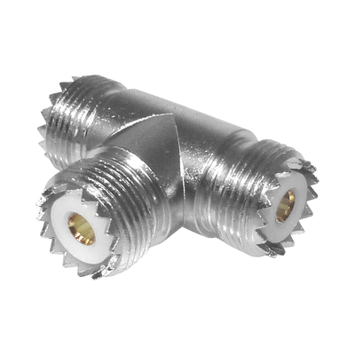 Adaptador en forma T, de Conector UHF Hembra (SO-239) a Doble Conector UHF Hembra, Níquel/ Plata/ Delrin. | RFU-534