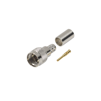 Conector Mini-UHF Macho, 50 Ohm de Anillo Plegable para  LMR-240, RG-8/X, 9258, Niquel/ Oro/ Delrin. | RFU-600-1X