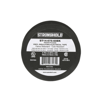 Cinta Eléctrica STRONGHOLD para Aislar, de PVC, Uso General Reparación y Mantenimiento, Grosor de 0.18mm (7 mil), Ancho de 19mm, y 18m de Largo, Color Negro | ST14-075-60BK