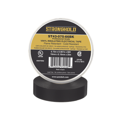 Cinta Eléctrica STRONGHOLD para Aislar, de PVC, Uso Profesional en Construcción Eléctrica, Grosor 0.18mm (7 mil), Ancho 19mm, y 20m Largo, Color Negro. | ST43-075-66BK