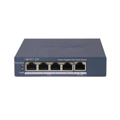 Switch Gigabit PoE+ / Monitoreable / 4 Puertos 1000 Mbps PoE+ / 1 Puerto 1000 Mbps Uplink / Configuración Nube Hik-PartnerPro / Modo Extendido hasta 300 Metros / 45 Watts | DS-3E1505P-EI/M