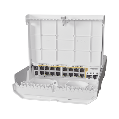 (netPower 16P) Switch administrable Sistema Operativo Dual, 16 puertos c/PoE, 2 puertos 10G SFP+ para Exterior | CRS318-16P-2S+OUT