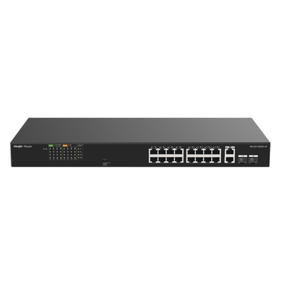 Switch PoE+ no Administrable, Hasta 120 Watts, Ideal para CCTV, 16 Puertos PoE +10/100, 2 Uplinks Gigabit y 2 SFP COMBO | RG-ES118FGS-LP
