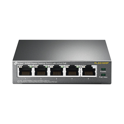 Switch Escritorio No Administrable de 5 puertos 10/100/1000 Mbps / Con 4 puertos PoE 802.3af/at de hasta 65 W / PoE Extendido hasta 250 metros | TL-SG1005P