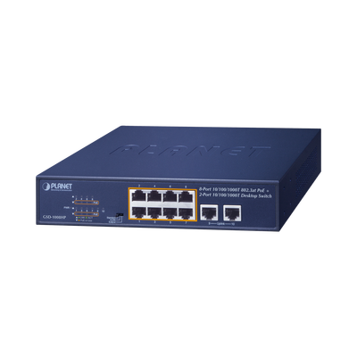 Switch de Escritorio No Administrable / 8 Puertos 10/100/1000T PoE+ 802.3at / 2 Puertos Uplink 10/100/1000T / Presupuesto PoE 120 Watts / Modos Estándar, VLAN y Extend / Distancia Extendida 250 mts / Rackeable | GSD-1008HP