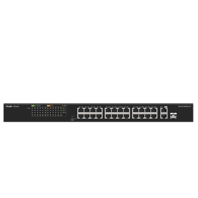 Switch PoE+ no Administrable, hasta 180 Watts Ideal para CCTV, 24 Puertos 10/100 PoE+, 2 Uplinks Gigabit (1 SFP COMBO) | RG-ES126FGS-LP