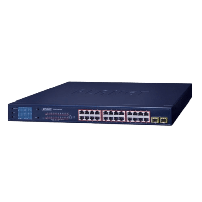 Switch PoE de 24 Puertos Gigabit 802.3af/at con Modo Extendido 250 m, 2 Puertos SFP 1000SX , Pantalla LCD para Configuración Básica, Hasta 300 W para PoE | GSW-2620VHP