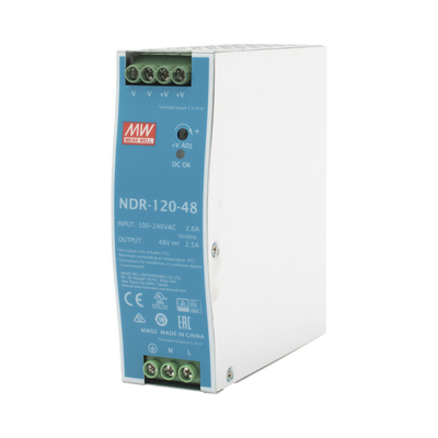 Fuente de poder industrial de 120 W, salida 48 Vcc, entrada 90~264 VCA, para montaje en riel DIN, | NDR-120-48