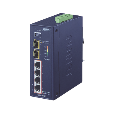 Switch PoE Industrial No Administrable de 4 Puertos PoE 10/100/1000T 802.3at, 2 Puertos SFP 10/1000X | IGS-624HPT