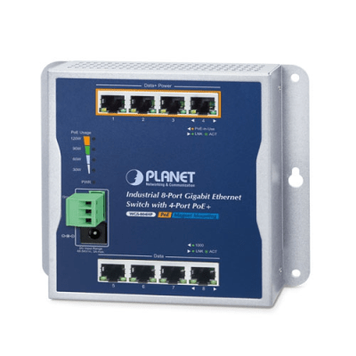 Switch Industrial No Administrable, Múltiple Montaje (Pared, Riel DIN y Magnético), 8 Puertos Gigabit con 4 puertos PoE 802.3at, Hasta 120 W. | WGS-804HP