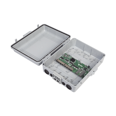 Switch WISP/FTTx con 7 puertos PoE inverso de 24V Pasivo (PoE in), 1 puerto PoE out de 24V + 2 SFP, Integrado con Gabinete NEMA IP67 para exterior | WI-PS310GFR-O