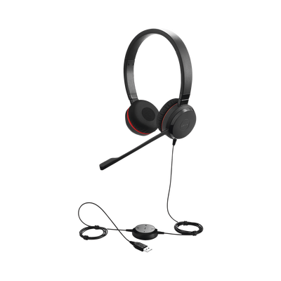 Jabra Evolve 30 Duo con conexión USB / 3.5mm, micrófono con cancelación de ruido y controlador en el cable con botones e indicadores LED (5399-829-309) | EVOLVE-30-DUO-UC