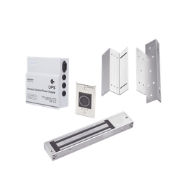 [KITMAG12V] Kit para control de acceso incluye Fuente de 12VCD con respaldo de batería/ Chapa magnética de 600Lbs / Montajes L y Z / Botón de salida | KITMAG12V