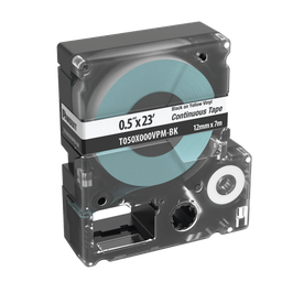 [T050X000VPM-BK] Casete de Etiquetas de Vinilo de Cinta Continua, Color Negro Sobre Blanco, Uso Interior/Exterior, 12 (0.5 Pulgadas) mm de Ancho x 7 Metros (22.97 Pies) de Largo | T050X000VPM-BK