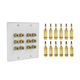 [EP-WP6S-KIT] KIT 1 Placa de Pared + 6 Pares Conectores Banana (Rojo+Negro) | Postes de Unión Tipo Banana | Conexión para 6 Altavoces | Fácil Instalación | Conectores Chapados en Oro | EP-WP6S-KIT