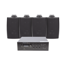 [SFB120/4WS] KIT de Amplificador de 120W para Escritorio | 4 Altavoces de Pared color Negro 2.5W - 20W | Sistema 70/100V | SFB120/4WS