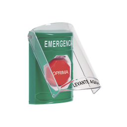 [SS21A2EM-ES] ​​Botón Multipropósito, Color Verde, De Superficie, Con Tapa De Policarbonato, Con Bocina Pre Alarma, Solo Interior, Llave Para Restablecer, Texto De Emergencia, Español | SS21A2EM-ES
