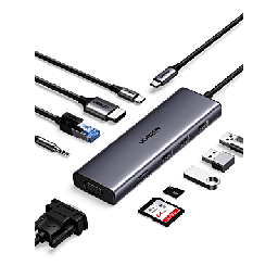 [15601] Hub USB-C 10 en 1 / HDMI 4K@30Hz + VGA 1920x1200 / 3x USB 3.0 5Gbps / Ethernet Gigabit / SD/TF Card Reader / PD 100W / Audio 3.5mm / Doble Pantalla Simultánea / Plug & Play Universal | 15601