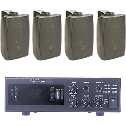 [EPB120E/4WS] KIT de Amplificador de 120W para Escritorio | 4 Altavoces de Pared color Negro 2.5W - 20W | Sistema 70/100V | EPB120E/4WS