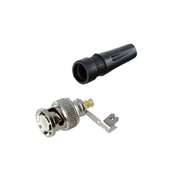 [TT-RG-93] Conector BNC macho en 75 Ohm, para cable coaxial RG-59 / Con base de alivio negra de PVC, Níquel/ Oro/ PTFE. | TT-RG-93