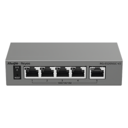 [RG-ES205GC-V2] Switch Capa 2 Gestionado en la Nube / 5 Puertos Gigabit / Switching 10 Gbps / Forwarding 7.44 Mpps / Diseño sin Ventilador / Protección 6 kV / Modo CCTV de un Clic / 32 VLANs / Gabinete Metálico / Ruijie Cloud | RG-ES205GC-V2