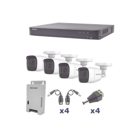[KEVTX8T4BW/A] KIT TurboHD 1080p / DVR 4 Canales / 4 Cámaras Bala Policarbonato con Audio Integrado (exterior 2.8 mm) / Transceptores / Conectores / Fuente de Poder Profesional | KEVTX8T4BW/A
