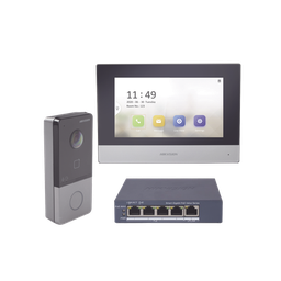 [DS-KIS603-P/S] Kit de Videoportero IP + Switch Poe Poe Estandar con llamada a App de Smartphone (HikConnect) / Apertura con tarjeta MIFARE / Frente de calle IP65 / Soporta 1 Departamento | DS-KIS603-P/S