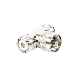 [RFU-533] Adaptador en forma T, de Conector UHF Macho (PL-259) a Doble UHF Hembra (SO-239), Níquel/ Plata/ Delrin. | RFU-533